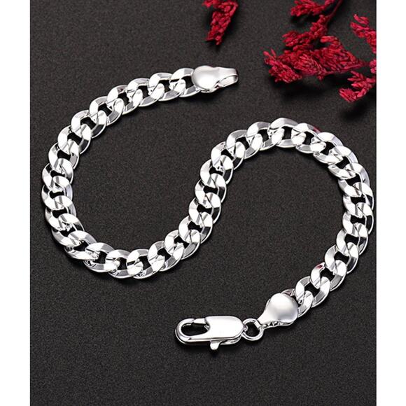 7MM S925 Sterling Silver Cuban Link Shiny Bracelet 20CM Tone Unisex - Picture 2 of 8